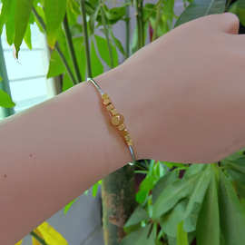 新品时尚简约倒角方形碎银子手镯女开口钛钢手环镀间金色ins风