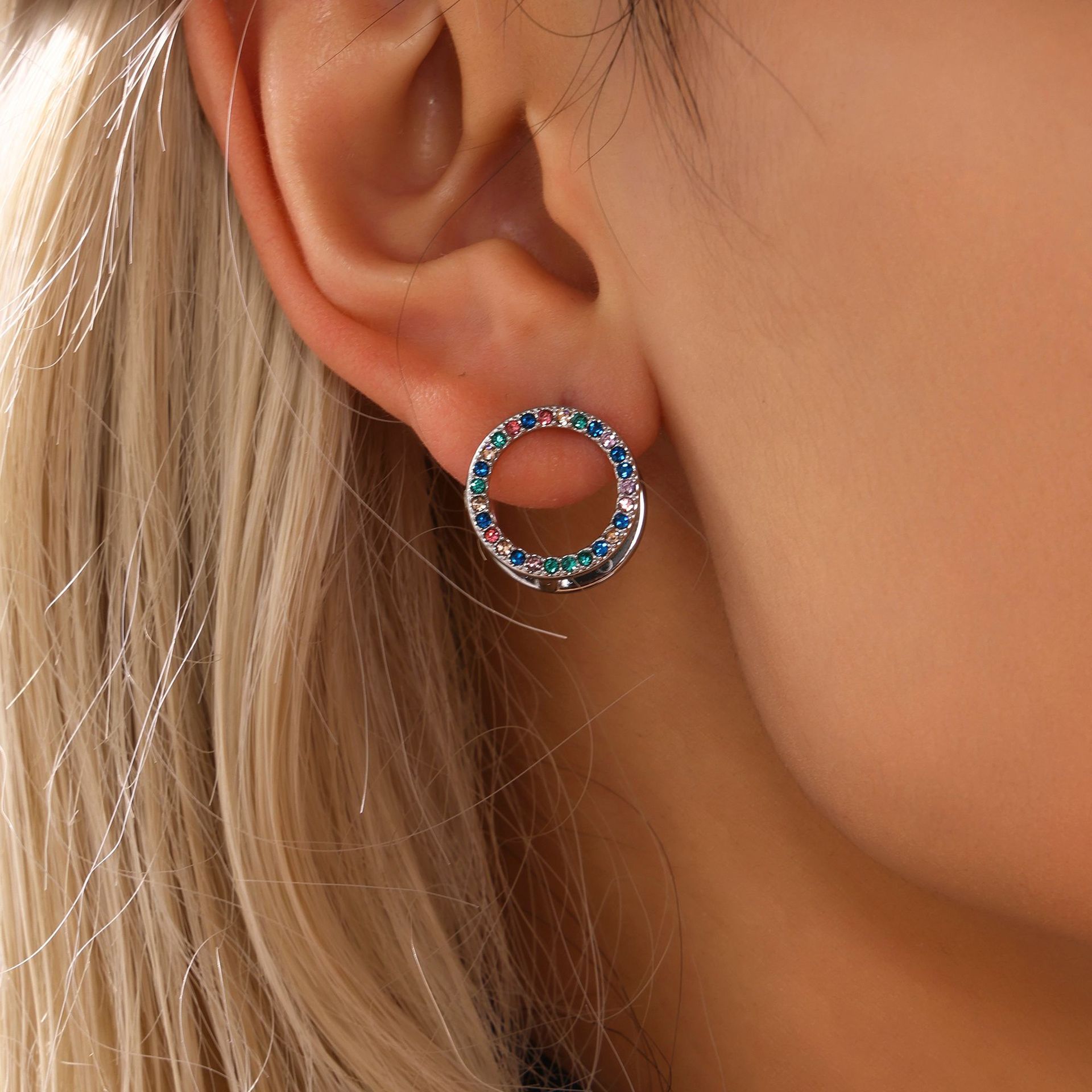 Square Sugar Mixed Color Zircon Double Sided Earrings With Light Luxury And High Grade Stainless Steel PVD Exquisite Circle Earrings For Women_voghion.com
