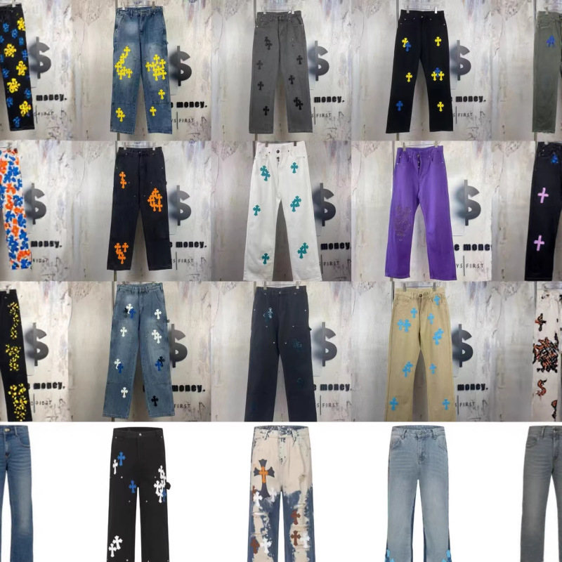 Trendy Brand Chrome Hearts American Street Style Cross-Embroidered Jeans, Multiple Styles of Graffiti Print Denim Pants Series