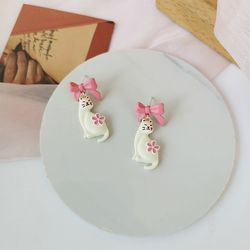Sterling Silver Needle Japanese And Korean Cute Bow Cat Stud Earrings Fashion Sweet And Cute Girlish Style Earrings H3893 display picture 6