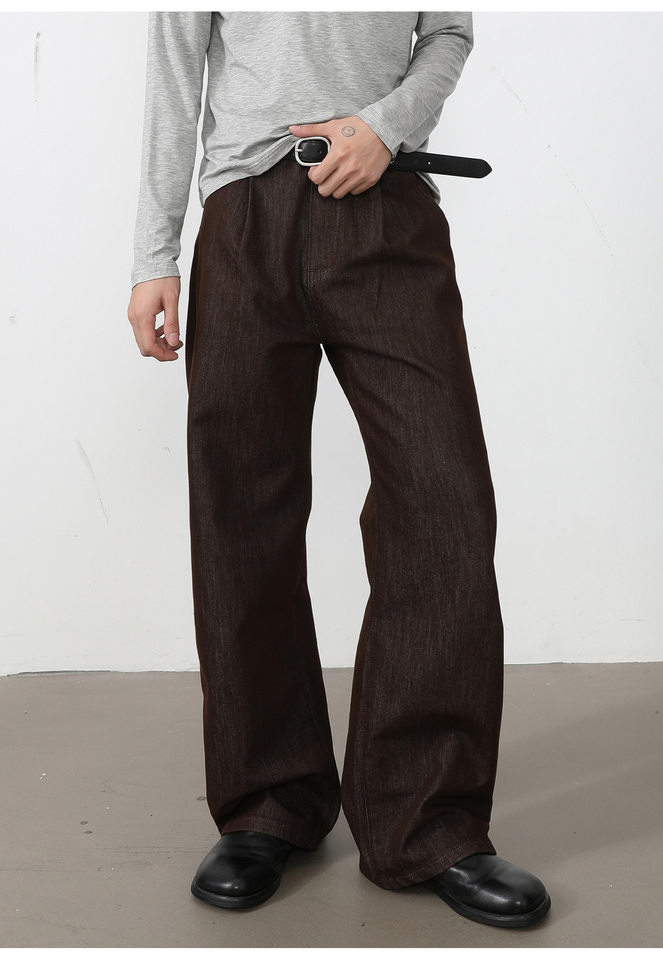 Quần jean nam ống rộng lưng trung, phom suông thoải mái, vải denim phối lụa sợi tổng hợp xếp li nhẹ — Cao bồi xanh, Cao bồi đen, Màu cà phê đậm chi tiết 12