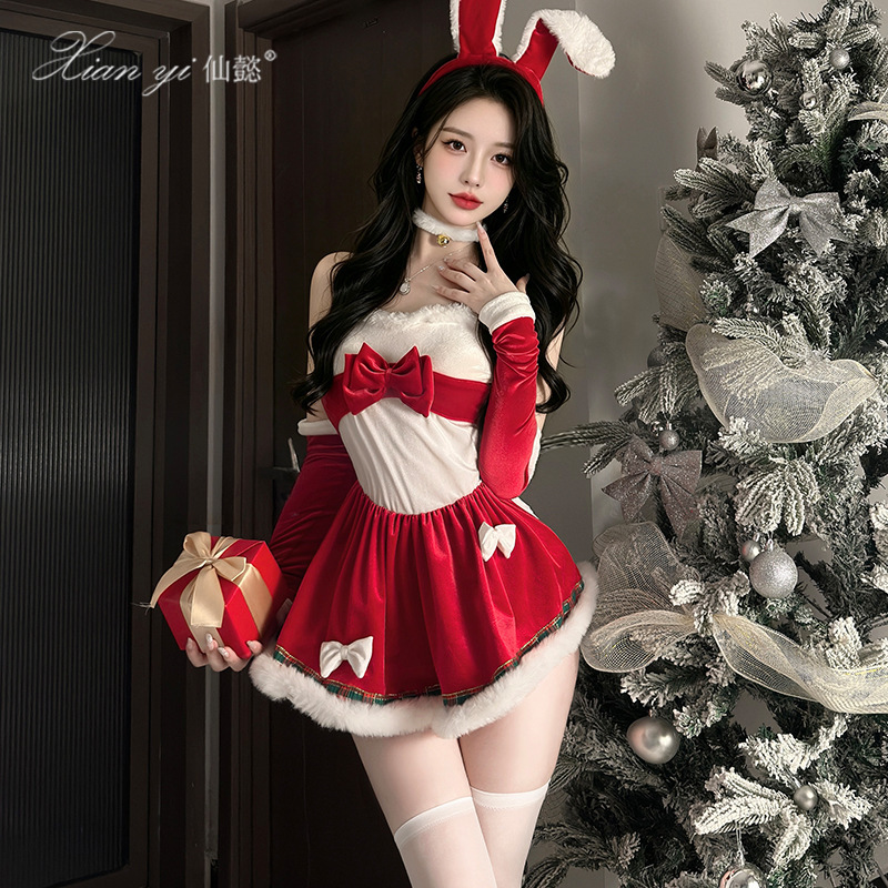 Christmas Bunny Girl Outfit Pure Desire Bow Waist Velvet Mini Dress for Private Photoshoots and Cosplay Christmas Dress Christmas Bunny Girl Outfit Pure Desire Bow Waist Velvet Mini Dress for Private Photoshoots and Cosplay Christmas Dress