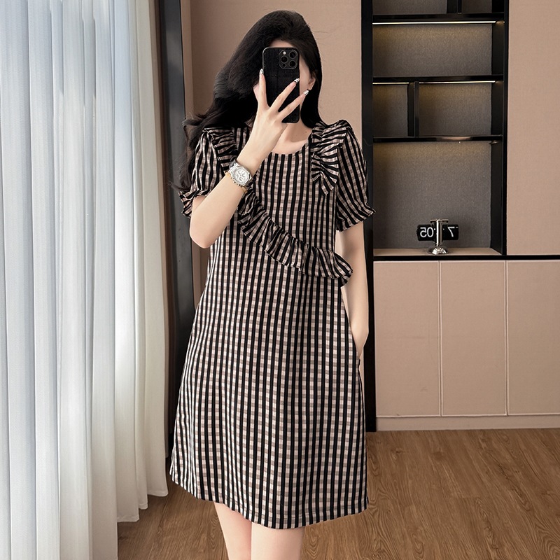 时尚洋气格子宽松显瘦大码女装胖胖妹妹短袖连衣裙夏季新款韩版