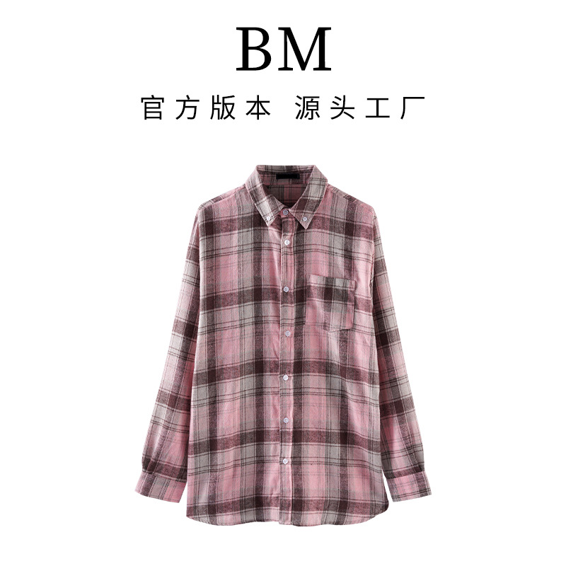 BM 셔츠 여성용 파우더 그레이 플레이드 새로운 느슨한 미국 스타일 레트로 캐주얼 중간 길이 게으른 스타일 셔츠 코트 탑