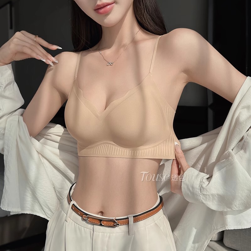 Seamless Liquid Foundation Intimates for Women with Small Breasts, Summer Thin Vest Style One-Piece Invisible Skin Color Spaghetti Strap Bra