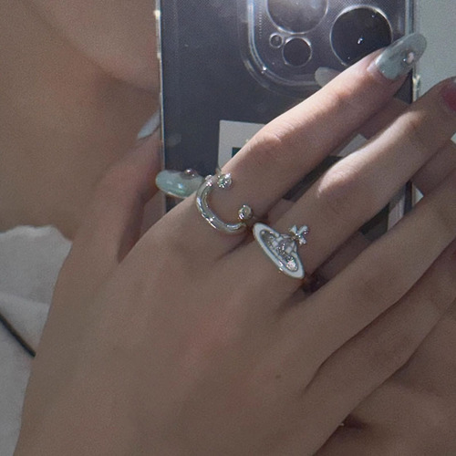 The Western Empress Sputnik Enamel Oil Texture Ring with Double Smile Inscription, Adjustable Finger Ring, Fashion Trend