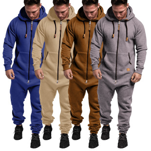 New fashion foreign trade men's hooded fleece jumpsuit solid color casual men's suit jumpsuit