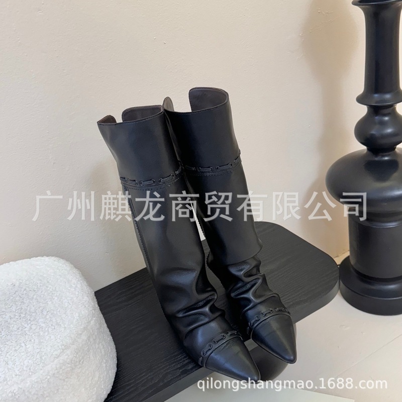高端2025秋冬真皮复古不过膝西部牛仔靴两穿尖头长靴百搭堆堆靴子|undefined