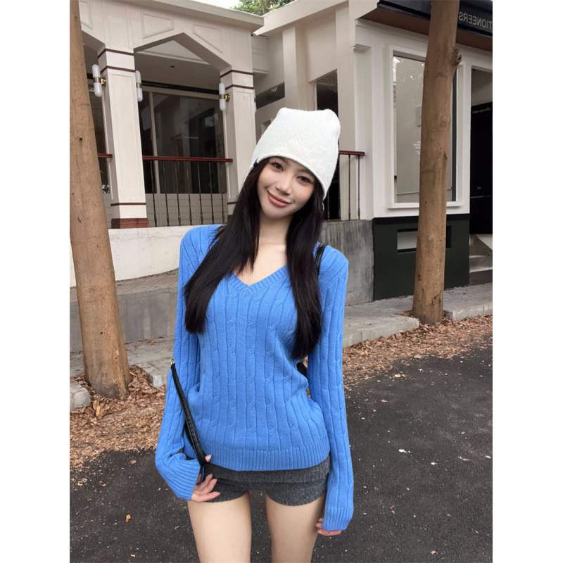 蓝色V领麻花长袖针织打底衫女早秋内搭毛衣气质修身显瘦韩系上衣