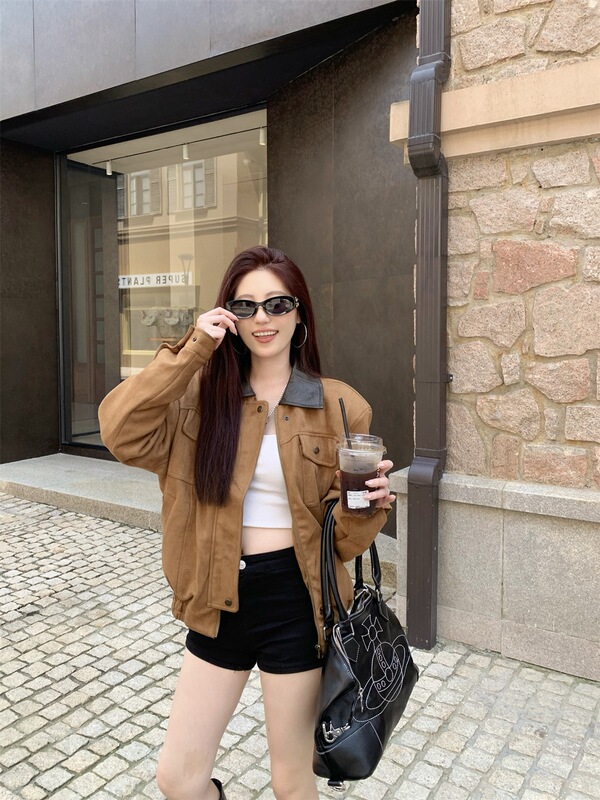 美式复古麂皮绒外套女装秋季2025新款美拉德棕色拉链开衫夹克上衣|undefined