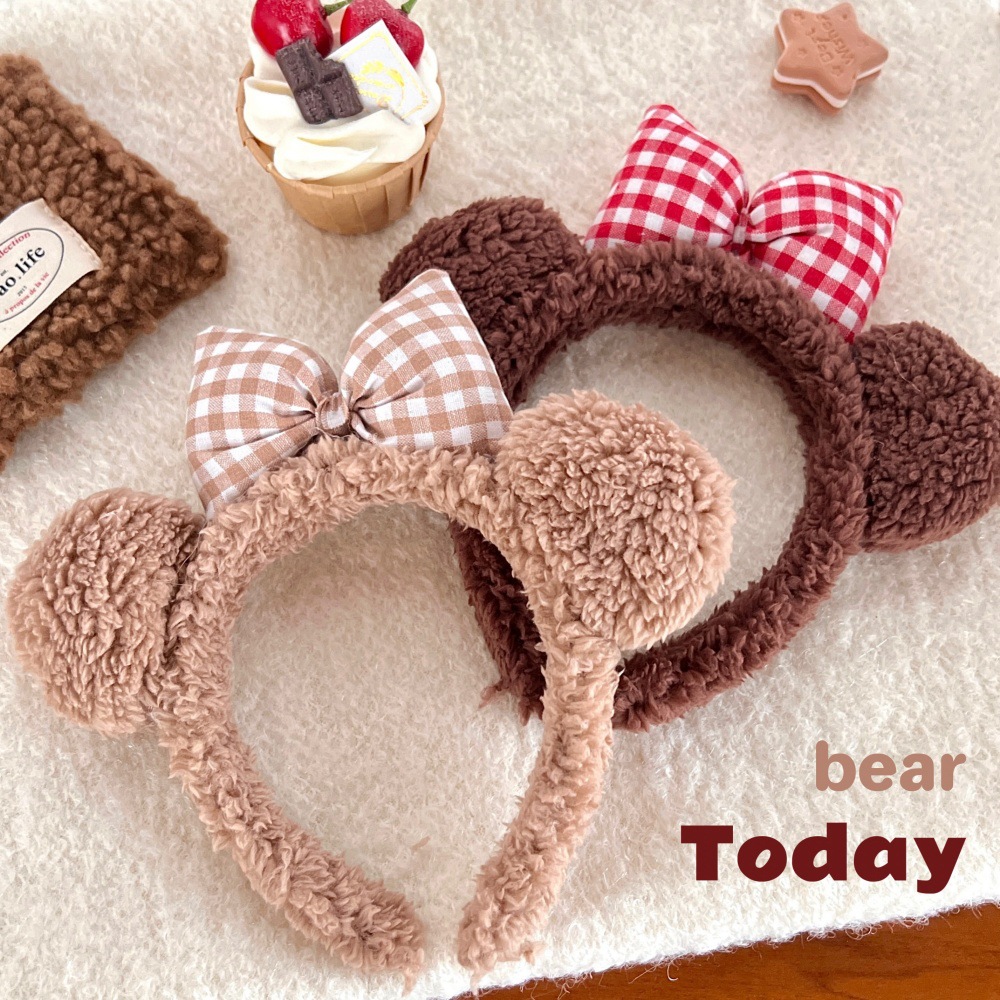 Nueva diadema de felpa de orejas de oso con lazo lindo, diadema de cara superior de cráneo alto para niña, accesorios para el cabello de todo fósforo de primavera y verano