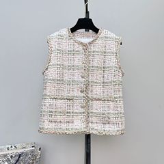 重厚な職人技を強化したバージョンの女性用ツイードベスト、小さな香りの良いスタイルのアウターベスト、金糸織りチェック柄ノースリーブジャケット
