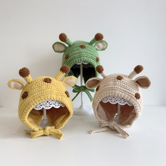 鹿角圓點小耳朵嬰兒帽子秋冬超萌手工護耳童帽毛線套頭帽寶寶帽冬