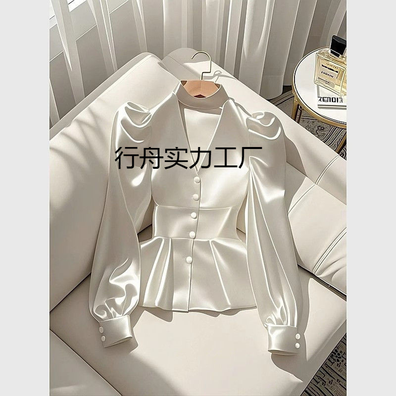2025年春季爆款小衫法式高级感轻奢减龄洋气收腰白色缎面长袖衬衫