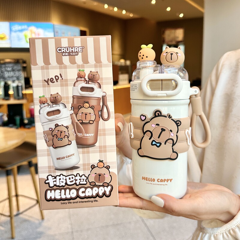 卡皮巴拉保温杯可爱儿童吸管杯上学专用316不锈钢防摔斜跨大肚杯|undefined