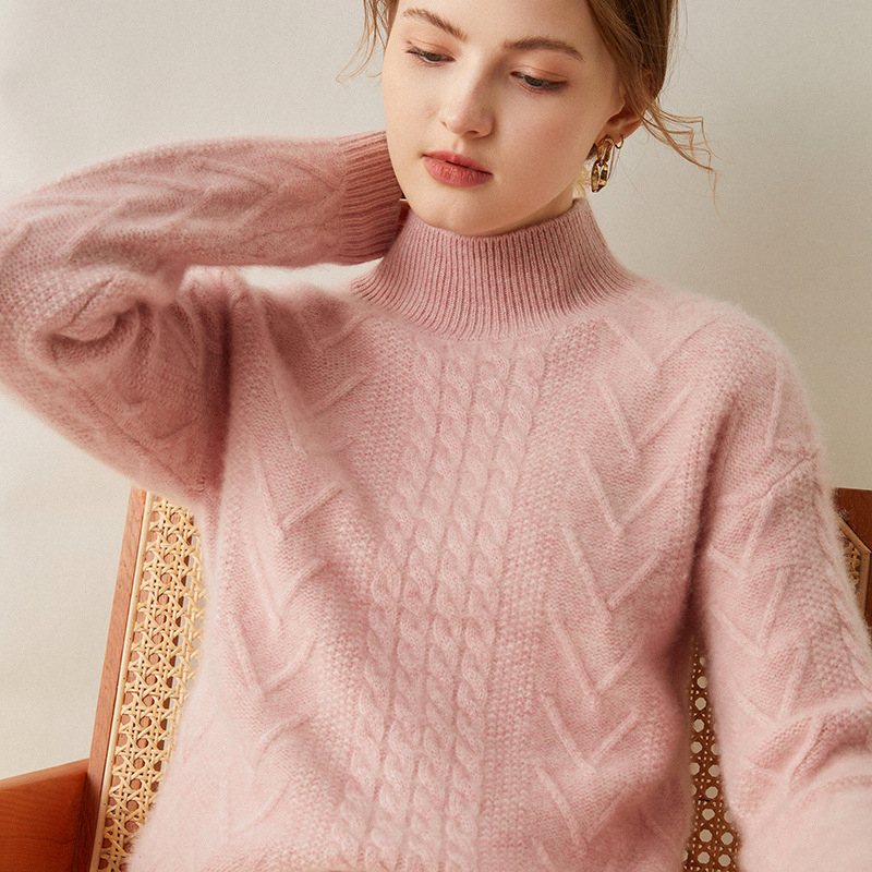 加厚秋冬款羊绒衫女半高领宽松绞花纯色山羊绒套头中领打底毛衣
