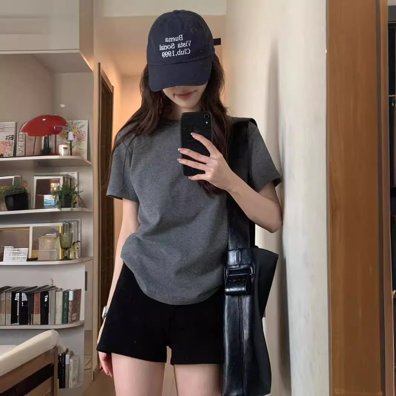 Basic Shoulder Cotton T-shirt Women's Summer Casual All-match Korean-style Grey Short-sleeved Ins Trendy Slim-fit Loose Top