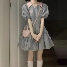 灰色学院风低价收腰显瘦A字裙短裙乖乖女泡泡袖娃娃领连衣裙女装
