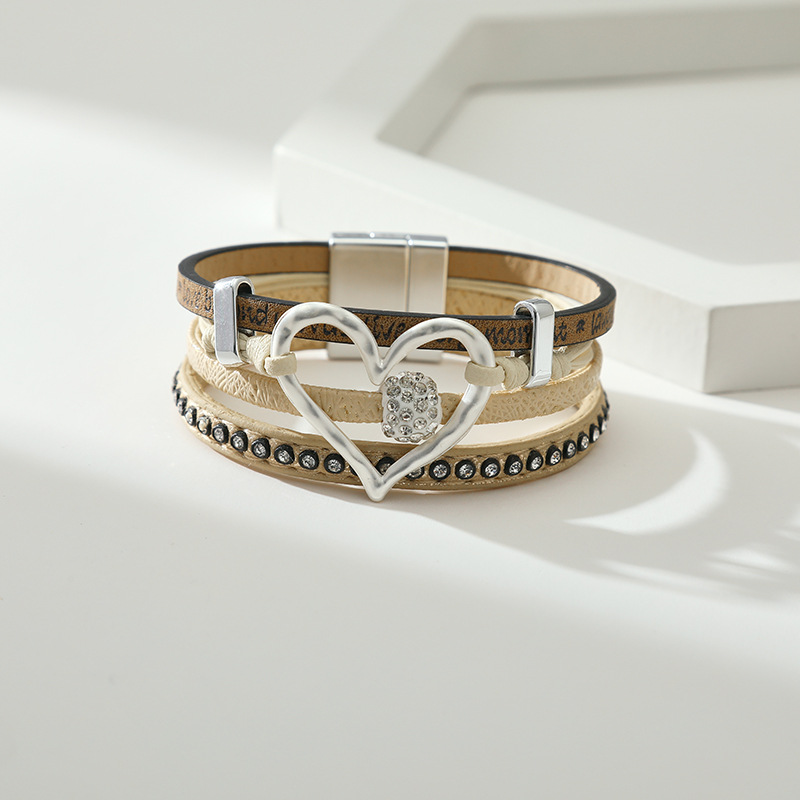 Fashion Heart Shape Pu Leather Inlay Rhinestones Womenu0027S Bangle 1 Piece