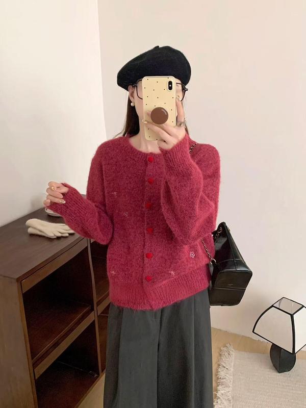 2025秋冬新作 ラウンドネック 刺繍ハートボタン ニットカーディガン 優しく可愛くて万能なニットセーター レディース|undefined