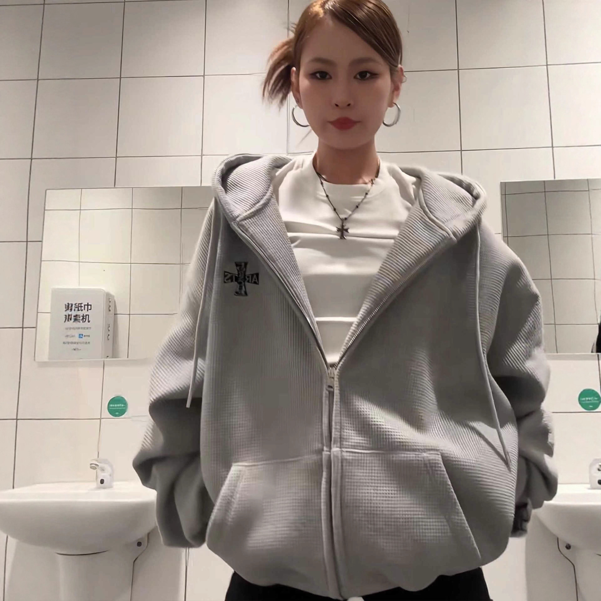 2025 New Popular Waffle Gray Hooded Sweatshirt for Women Spring & Fall Loose High-End Couple Cardigan Jacket