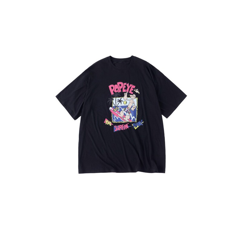 Peach House Same Style Xinjiang Cotton Popeye Surfing Cartoon Loose Fit Drop Shoulder Round Neck Short Sleeve Relaxed Lightweight T-Shirt