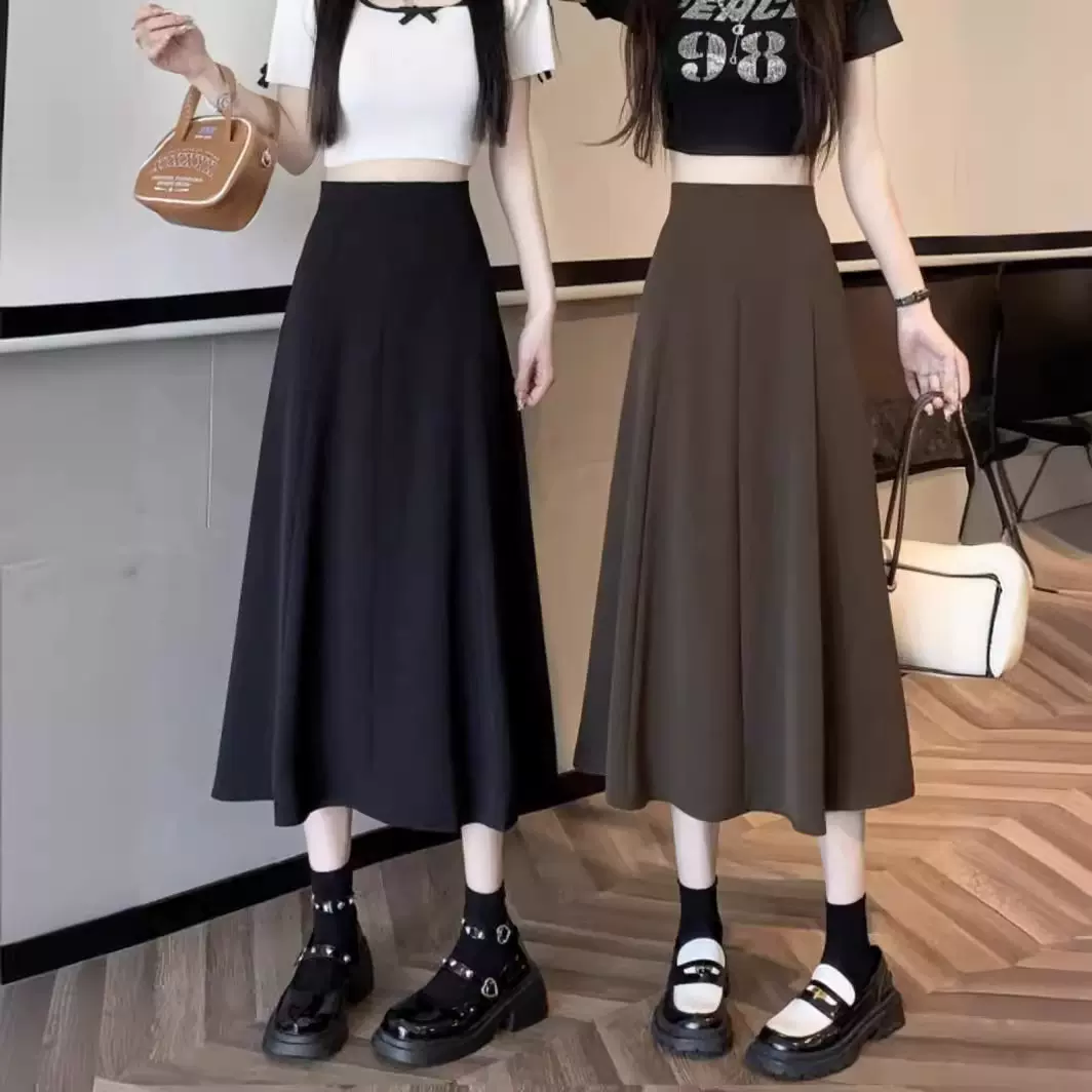 黑色高腰半身裙女春夏季中长款a字垂感大摆伞裙小个子显瘦包臀裙