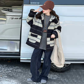 女童条纹呢子外套秋冬款2025儿童加厚中长款大童冬装外套百搭款潮