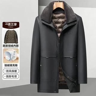 冬季男式中长款皮衣翻领加厚羽绒服外套中老年爸爸装保暖皮大衣男