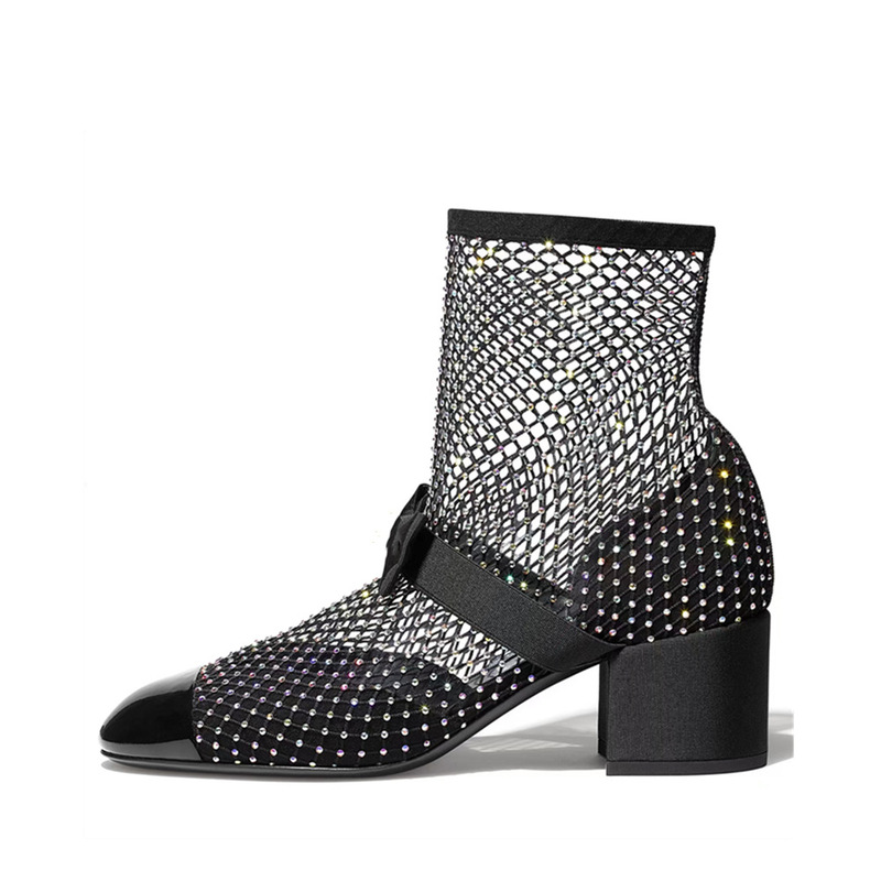 Spring and Summer 2023 New Rhinestone Sexy Mesh Boots High-heeled Sheepskin Chanel Style Bow Sandals Large Size for European and American Foreign Trade