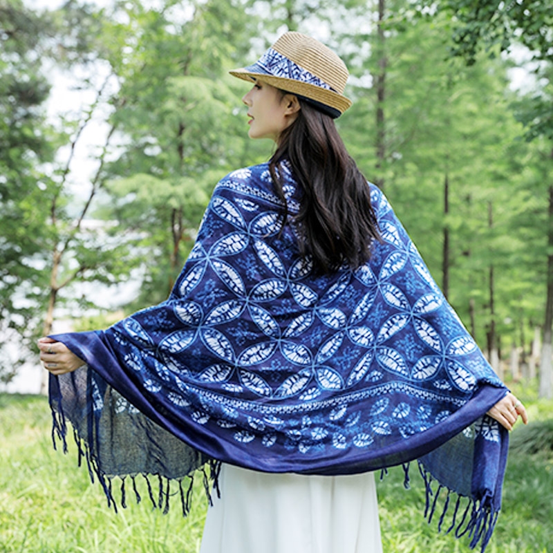 Tie-dyed Artistic Ethnic Style Scarf Yunnan Tourism Copper Printed Scarf Cotton and Linen Scarf Women's Sunscreen All-match Shawl