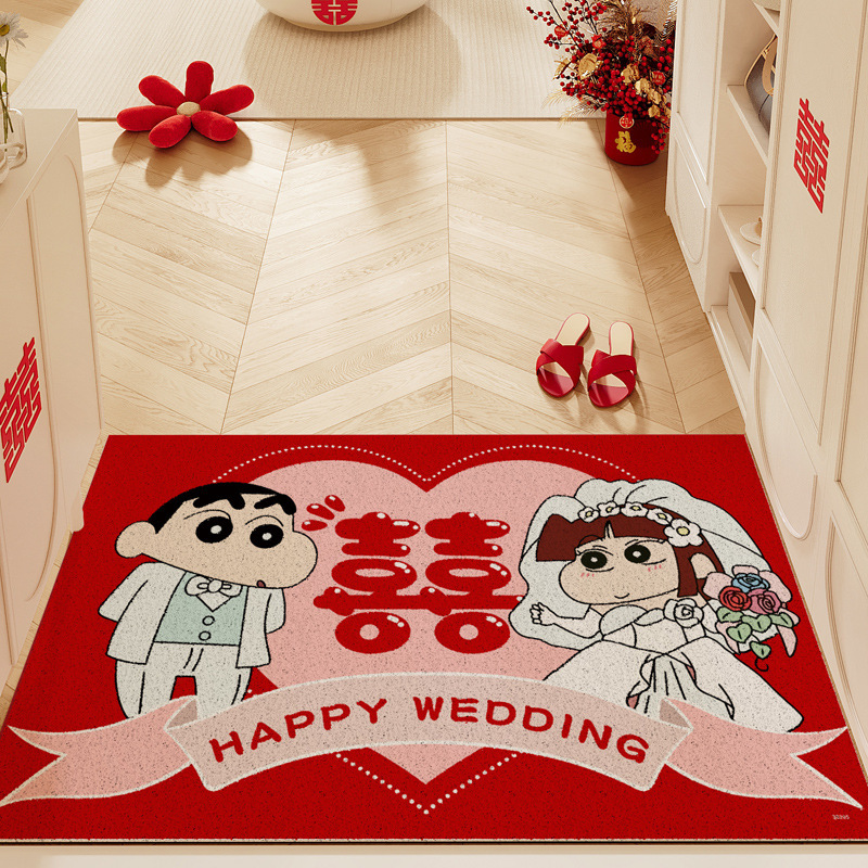 漫画の結婚式の玄関ドアマット、赤いハッピーワードシルクサークルフロアマット、玄関ドアの泥と土のスクラッチマット、結婚式の部屋のお祝いカーペット|undefined