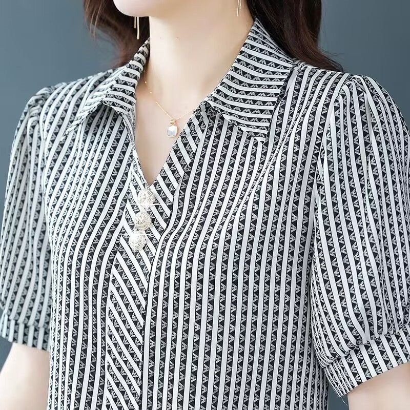 条纹真丝衬衫女短袖夏季新款中年妈妈衬衣减龄时尚气质桑蚕丝上衣
