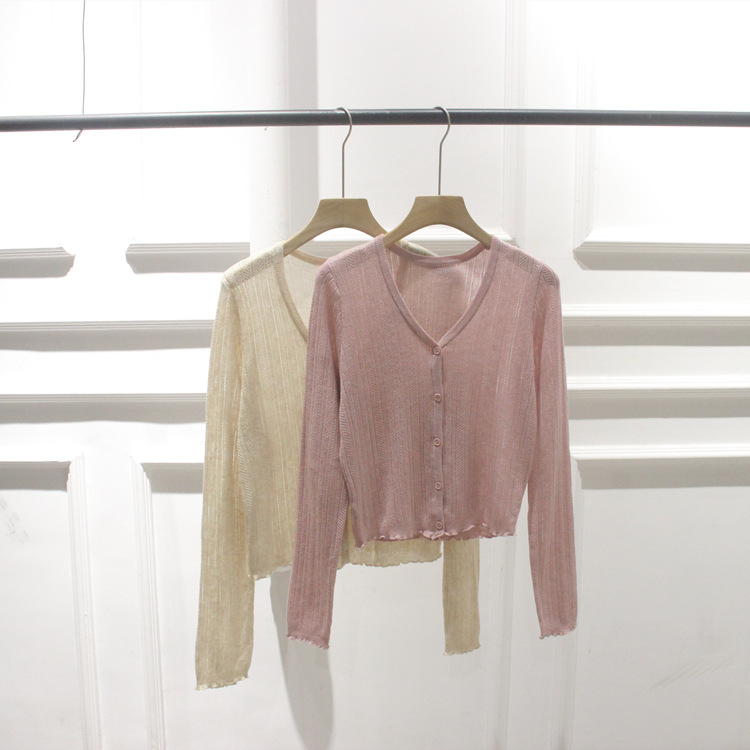 한국 이른 가을 새로운 V 넥 슬림 핏 싱글 브레스트 할로우 아웃 러플 마이크로 투명 얇은 스웨터 카디건 코트 여성