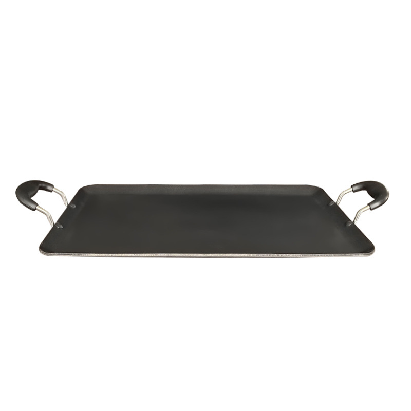 Plancha antiadherente de doble asa para parrilla y cocina al aire libre, apta para gas y llama abierta.