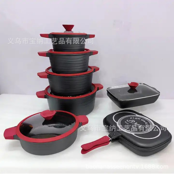 Customizado BMN antiadherente conjunto de arroz de piedra 14pcs aluminio prensado conjunto de cocina de doble cara para asar a platos de pescado image 4
