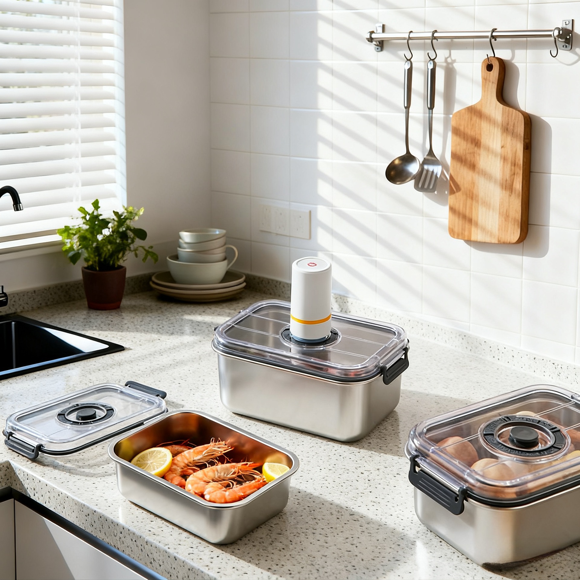 Caja de Conservación de Alimentos Hongjun Da de Acero Inoxidable 304 para Uso Doméstico, Caja Sellada para Refrigeración de Frutas y Verduras, Caja de Almacenamiento, Caja de Conservación al Vacío.