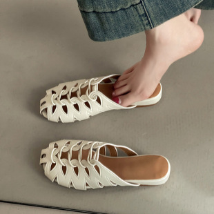 French Breathable Toe-Cap Slippers for Girls in Summer Retro Design Hollow Sandals with Skirts Low-Heeled Wedge Sandals