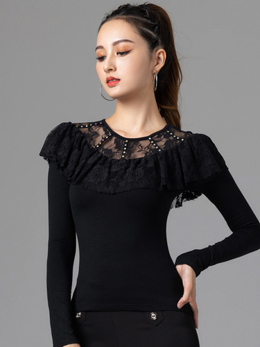 Black lace ballroom Latin dance tops women's long sleeved ruffles neck adult lace bling shirts for female modern dance practice clothing national standard dance clothes