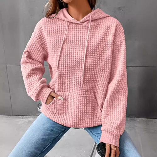 2024 Cross-border Autumn/Winter New Honeycomb Amazon Bestseller European and American Fashion Women's Long Sleeve Hoodie Solid Color Hoodie