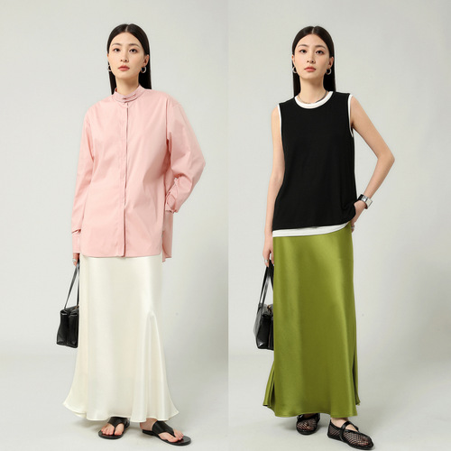 Acetic acid satin silhouette soft drooping beef tendon high waist long skirt for women 2025 summer new flowing long skirt