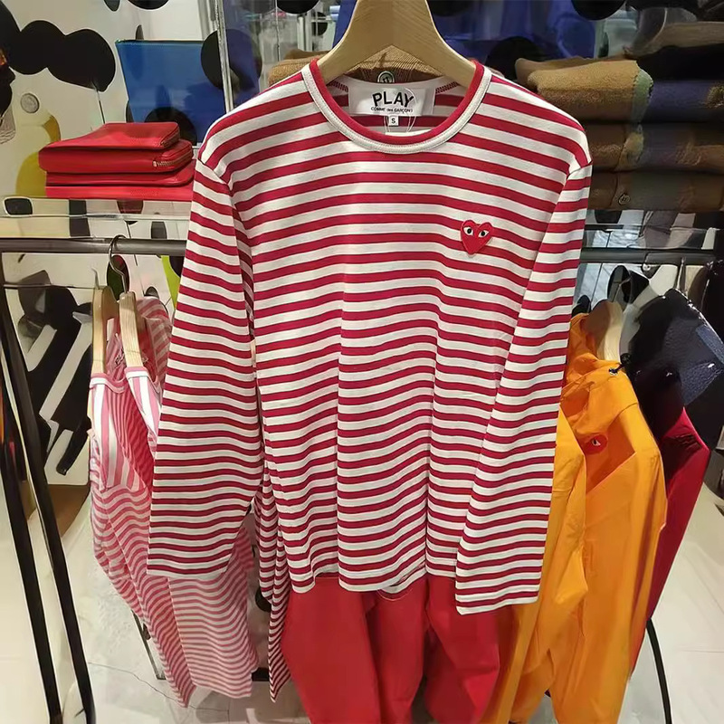 Kawasaki Play Spring and Summer Stripesd Heart Embroider Couple Style Long-Sleeved T-Shirt for Men and Women Couple Style Sea Soul Shirt Loose