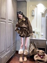 复古咖色毛呢外套女秋冬2025新款设计感绑带休闲宽松百搭呢子大衣