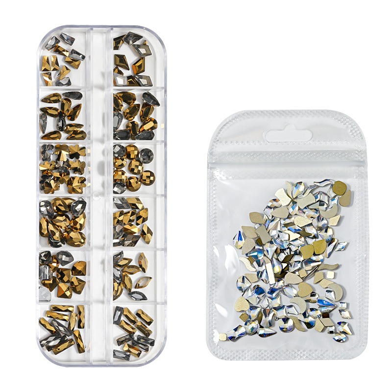 Accesorios de diamantes de uñas transfronterizos 12 traje de rejilla en caja plana de forma especial de diamantes de imitación de color de cristal de diamante pegatinas de joyería de uñas