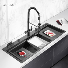 阿萨斯阶梯式水槽黑色纳米手工加厚304不锈钢厨房洗菜盆超大单槽