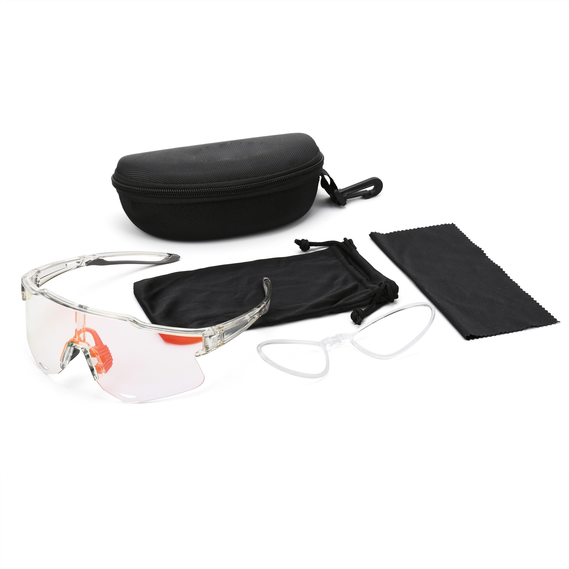 밝은 회색 프레임 전기도금 완전 빨간색 변색 필름(단일 안경, 렌즈 천 가방, 근시 내부 링 및 지퍼 상자)