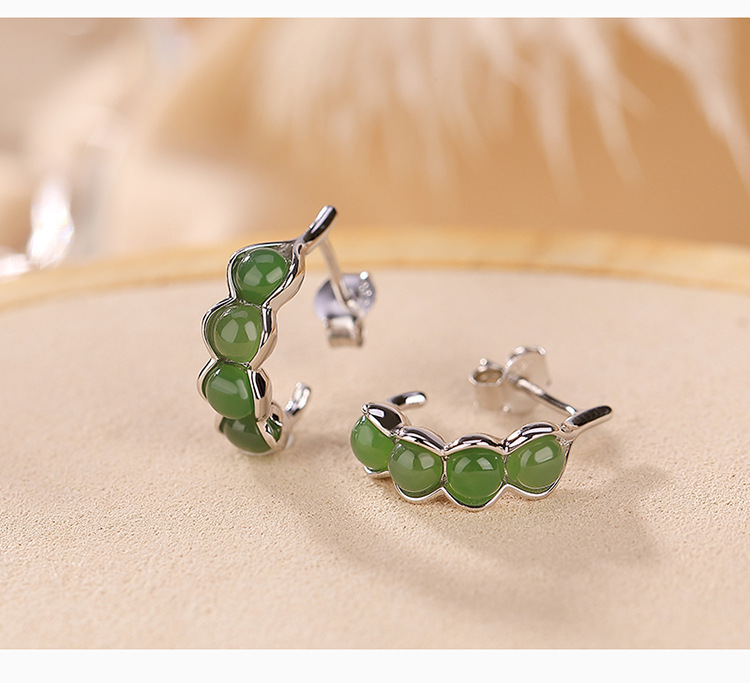 Bông tai nữ bạc S925 mạ vàng đính đá jasper hạt đậu phong cách trẻ trung — Kiểu mạ bạch kim chi tiết 4