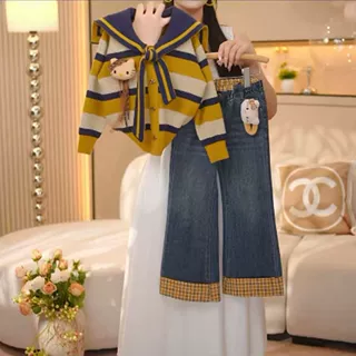女童条纹秋季套装2025新款韩版毛衣中大童牛仔裤开衫两件套