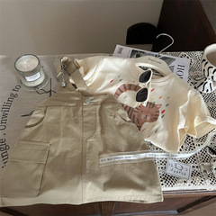 Korean children's clothing 2024 new summer girls cartoon kitten T-shirt children's fashionable one-shoulder strap skirt two-piece set