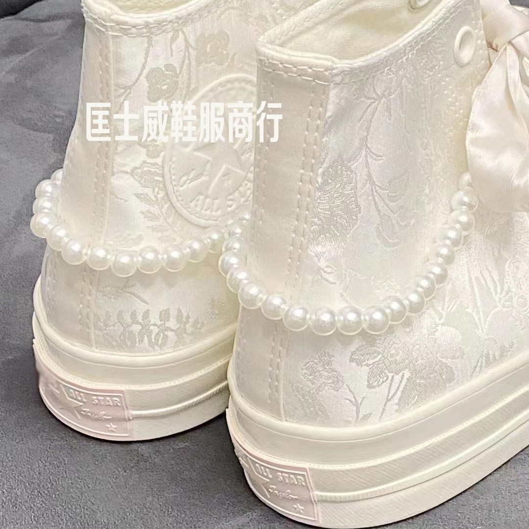 미키 컨버스 1970 년대 꽃 질감 리본 진주 실크 공주 웨딩 신발 남녀 캔버스 신발 A07247C